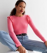 New Look Bright Pink Ribbed Knit Long Frill Sleeve Top